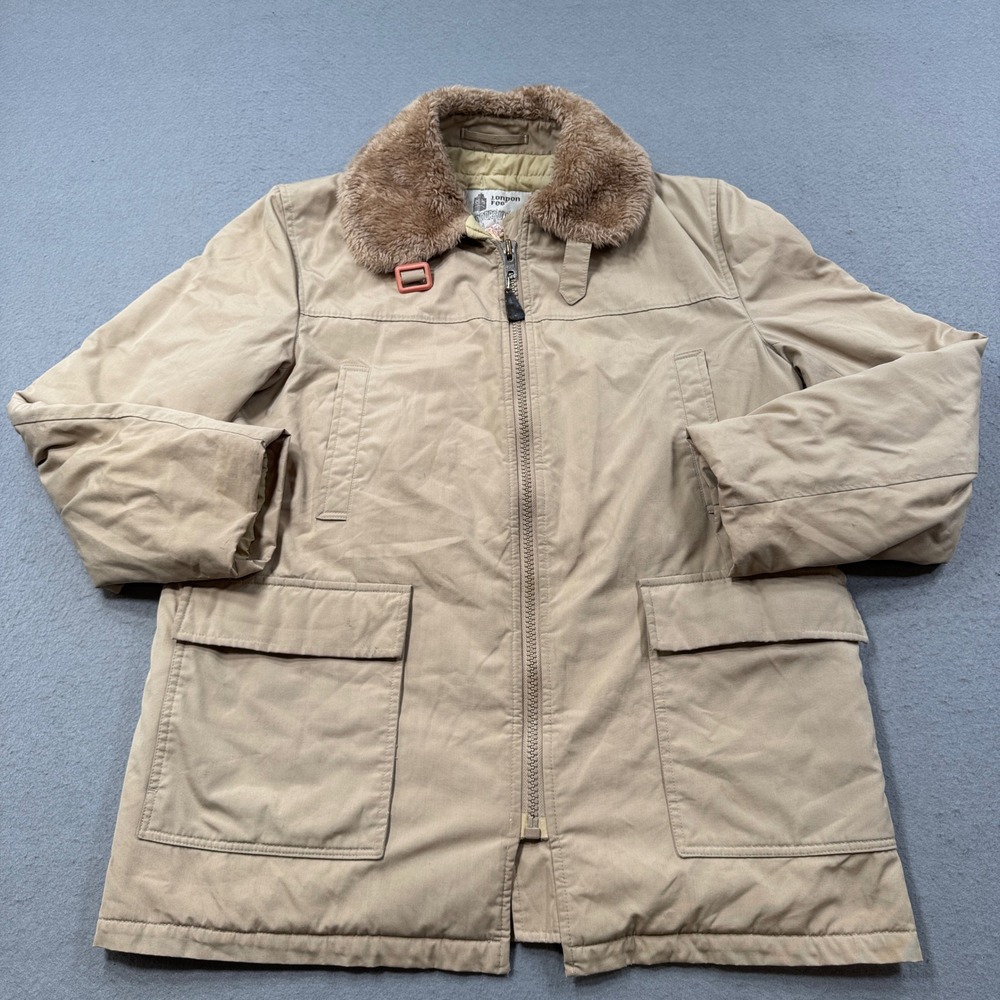 Vintage London Fog Jacket Men's 44 Tan Faux Fur Collar Quilted Lined Outdoor